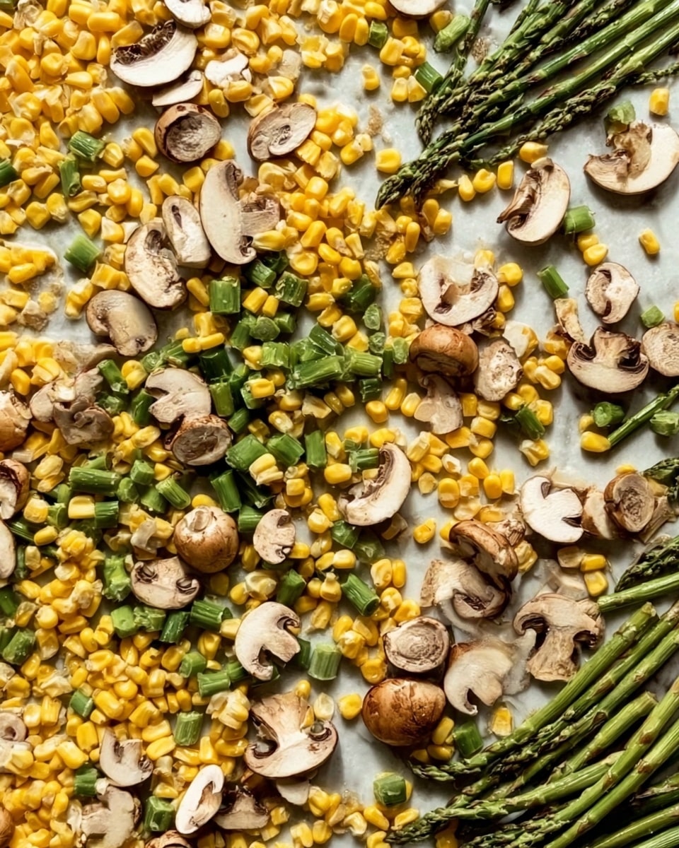 The image shows a mix of fresh vegetables spread out evenly on a flat surface. There are many bright yellow corn kernels scattered all over. Green asparagus pieces, cut into small sections, are spread across the scene adding a fresh and vibrant look. Light brown and white sliced mushrooms are placed among the corn and asparagus, showing their soft texture and curved shapes. The surface below the vegetables is a white marbled texture that contrasts nicely with the colors of the veggies. photo taken with an iphone --ar 4:5 --v 7