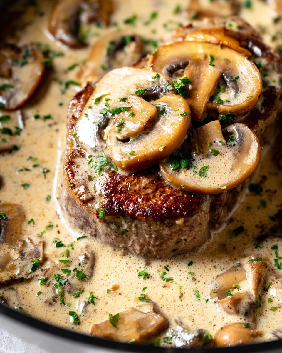 A close-up view of a thick piece of cooked meat with a browned outside sitting on a layer of creamy light beige sauce. On top of the meat are two large cooked mushroom slices, light brown with darker edges and soft texture. Around the meat in the sauce are more mushroom slices and green herb pieces scattered on the surface. The background is a white marbled texture with part of the black pan visible at the edge. Photo taken with an iphone --ar 4:5 --v 7