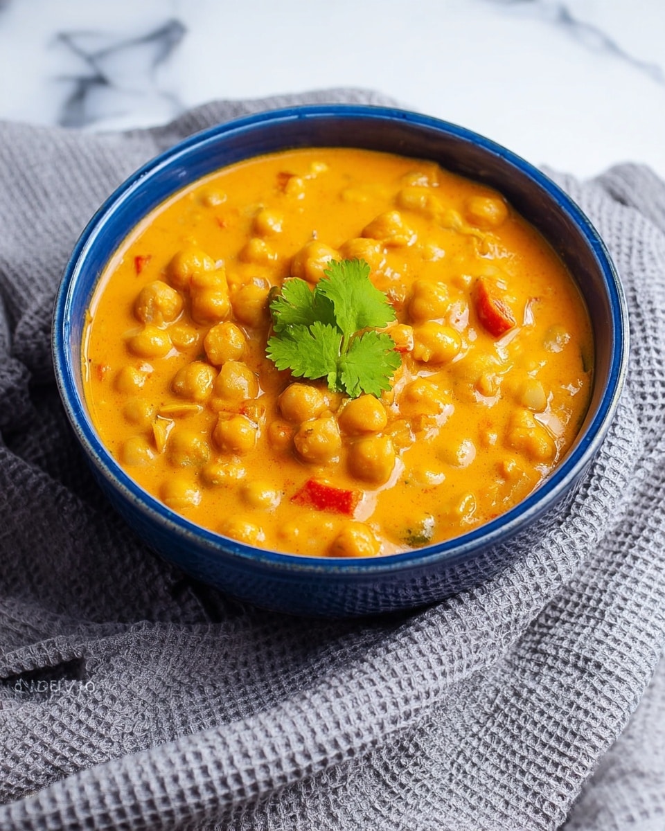 A deep blue bowl holds a thick and creamy orange chickpea curry with visible whole chickpeas and small pieces of red vegetables scattered throughout. The curry has a smooth, slightly glistening texture that shows its rich and spicy nature. In the center, a single fresh green cilantro leaf sits as garnish, adding a bright contrast. The bowl is placed on a soft gray waffle cloth that is draped loosely on a white marbled surface, creating a cozy setting. photo taken with an iphone --ar 4:5 --v 7
