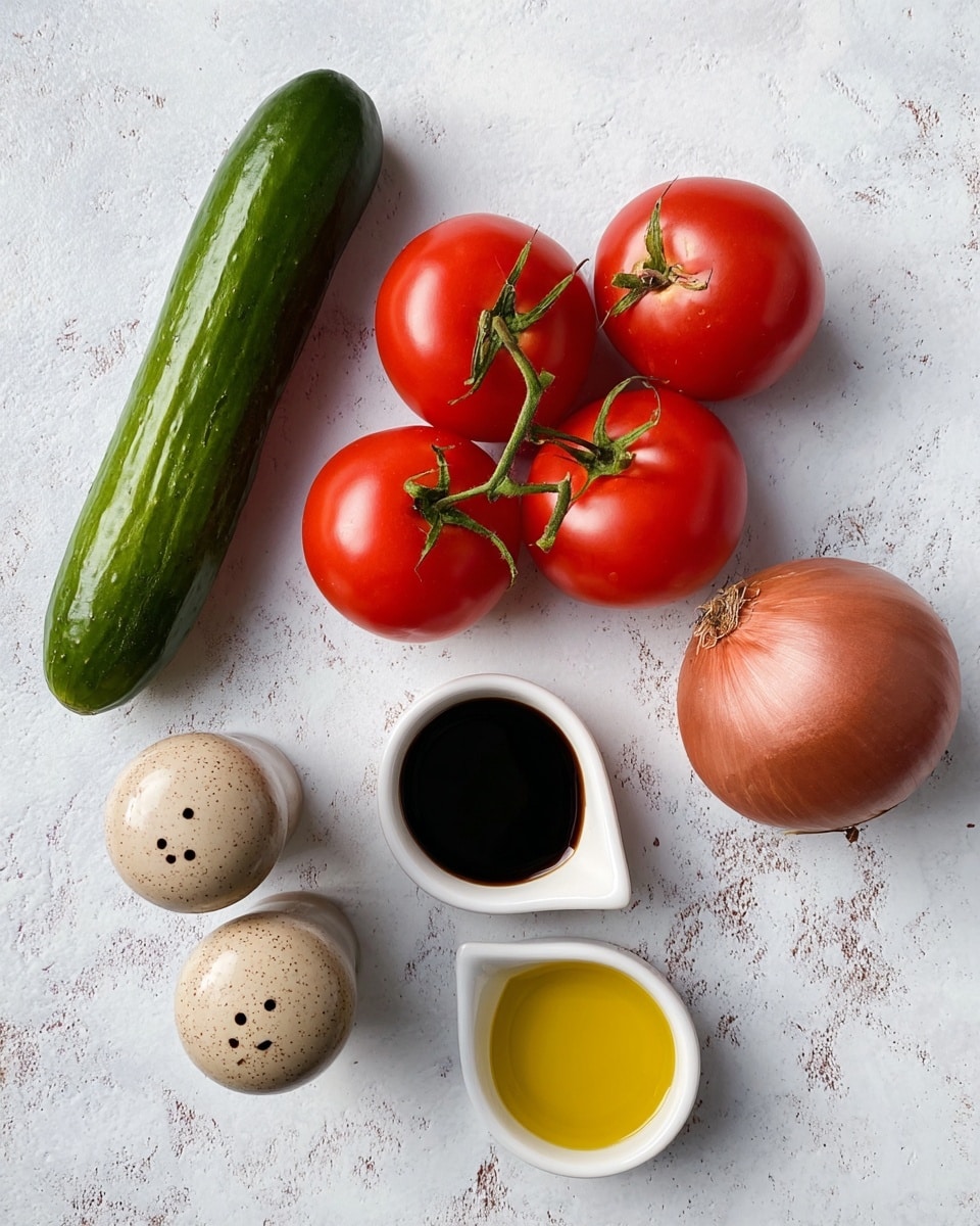 The image shows a group of fresh vegetables and small dishes on a white marbled surface. There is a long, shiny green cucumber at the top left, and a cluster of three bright red tomatoes with green stems just below it. To the right of the tomatoes, there is a single round, red onion with its outer skin. Near the bottom right corner, there are two small white ceramic dishes, one filled with dark balsamic vinegar and the other filled with golden olive oil. At the bottom left, there are two round light brown shakers, likely for salt and pepper, placed close together. Photo taken with an iphone --ar 4:5 --v 7