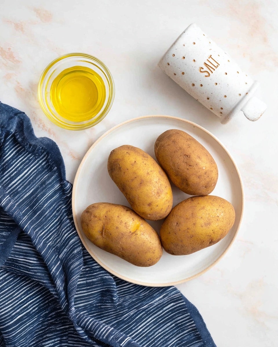 A white round plate with four whole brown potatoes arranged in a close group in the center. To the left of the plate, there is a small clear glass bowl filled with golden yellow olive oil. Above the plate, a white ceramic salt shaker with small raised dots and the word