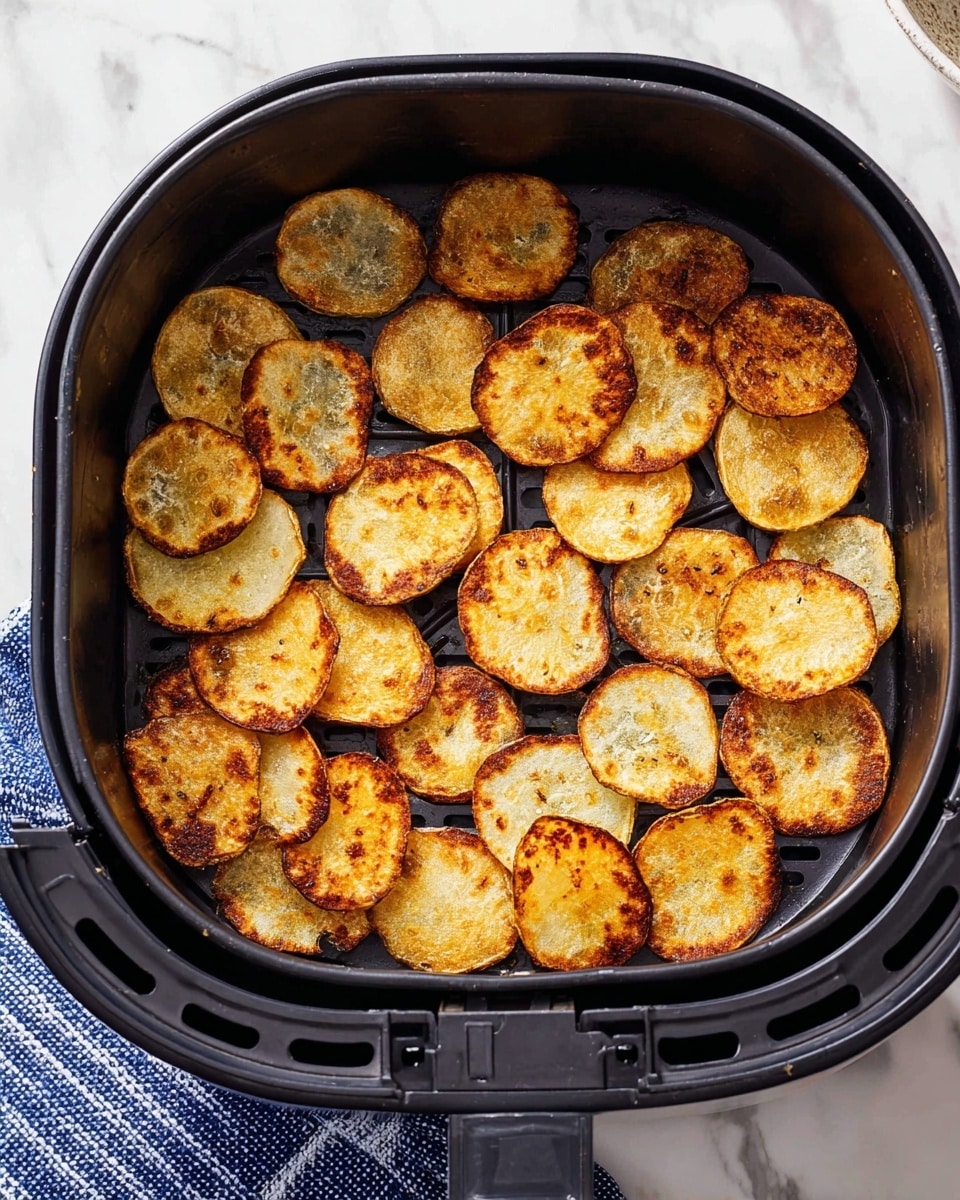 The image shows a black air fryer basket filled with a single layer of round, thinly sliced potato chips. Each chip has a golden brown color with darker brown spots, indicating they are cooked and crispy. The basket sits on a white marbled surface with a blue-striped cloth partially visible at the bottom left corner. The potato slices vary slightly in size and have a rough texture with some bubbly spots. Photo taken with an iphone --ar 4:5 --v 7