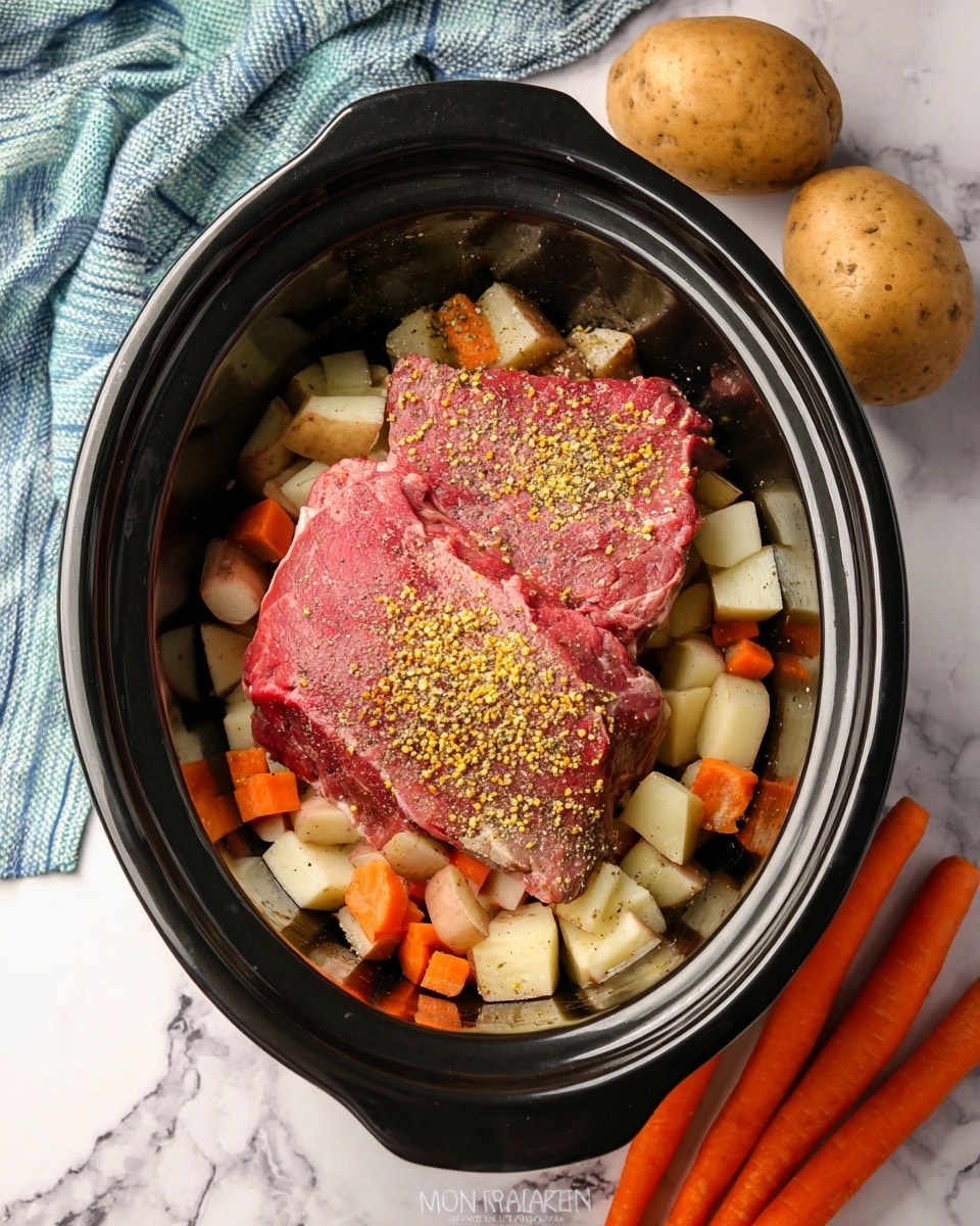 In a black slow cooker filled with three layers, the bottom layer shows chopped potato pieces with skin, pale beige to light brown in color, scattered evenly. The middle layer contains diced vegetables, mostly light orange and white, partially visible under the top layer. The top layer has two large raw meat pieces in pinkish-red shade, sprinkled with coarse spices, including yellow mustard seeds and black pepper powder. Around the slow cooker, there are two whole light brown potatoes and three bright orange carrots placed on a white marbled surface, with a blue and white striped cloth in the background. Photo taken with an iphone --ar 4:5 --v 7