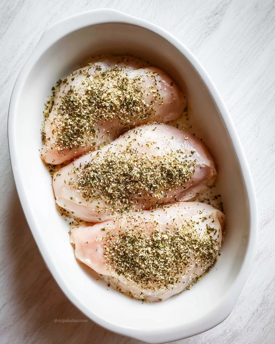 A white oval baking dish holds three raw, light pink chicken pieces evenly spaced inside. Each piece is sprinkled generously with a dry mix of light beige powder and green herbs, giving a textured look on the smooth surface of the chicken. The dish sits on a white marbled texture surface, which contrasts softly with the pale colors of the chicken and seasoning. The scene is brightly lit, highlighting the fresh and simple preparation of the dish photo taken with an iphone --ar 4:5 --v 7