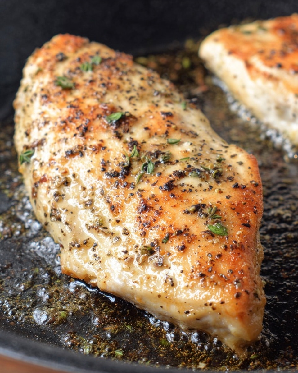 A close-up of one light golden brown piece of chicken cooked in a black pan. The chicken is sprinkled with black pepper and small pieces of green herbs all over the top. The texture looks slightly crispy on the edges and juicy inside with oil bubbling around it in the pan. Part of another similar piece of chicken is just visible on the right side. The background shows the black pan’s surface with some oil and browned spots photo taken with an iphone --ar 4:5 --v 7