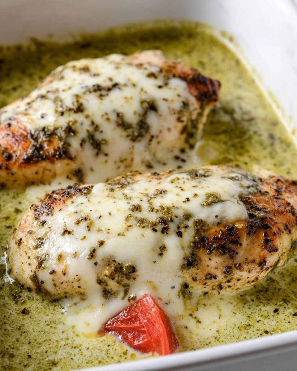 Two cooked pieces of chicken with black pepper and herbs on top, covered with a layer of melted white cheese. They sit in a thick green sauce with bits of herbs mixed in, and there are two small pieces of red tomato peeking out from the sauce on the side. The dish is inside a white baking dish, and the background surface is white marble. photo taken with an iphone --ar 4:5 --v 7