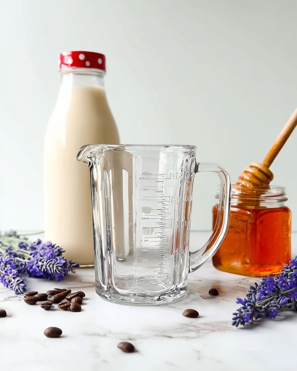 A clear glass measuring cup with a handle sits in the center on a white marbled surface, with measurement markings on its side. Behind it, on the left, is a tall white bottle with a red and white cap, filled with milk. To the right, there is a glass jar with a honey dipper resting beside it, filled with amber honey. Coffee beans are scattered around the base of the measuring cup. Lavender flowers are placed on both the far left and near right sides of the scene. The background is plain white, giving a clean and simple look. Photo taken with an iphone --ar 4:5 --v 7