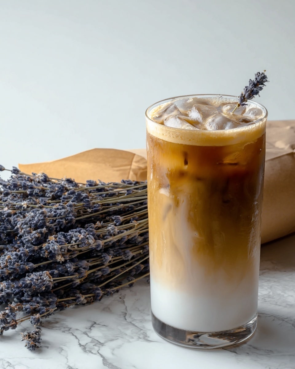 A tall clear glass shows a drink with three layers: a creamy white bottom, a middle layer where light brown coffee mixes softly with the cream, and a dark brown coffee top with white foam bubbles. Ice cubes float inside the drink, partially hidden by the frothy foam. A clear straw with a small lavender sprig sticks out from the glass. The glass stands on a white marbled surface scattered with a few coffee beans. To the left is a tall glass bottle filled with white milk, and to the right is a clear jar with honey and a wooden honey dipper inside. Photo taken with an iphone --ar 4:5 --v 7
