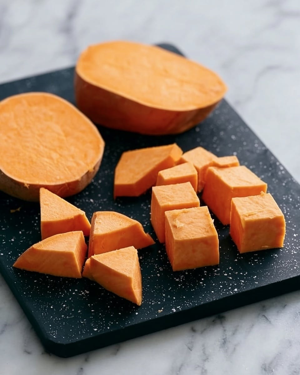 The image shows pieces of bright orange sweet potato on a black cutting board with white specks. There are two whole thick slices at the back, while the pieces in front are cut into smaller wedges and squares, arranged in groups. The cutting board is placed on a white marbled surface. The texture of the sweet potatoes looks smooth and firm, with clear, sharp edges on each piece. The light highlights the fresh, vibrant color of the sweet potato photo taken with an iphone --ar 4:5 --v 7