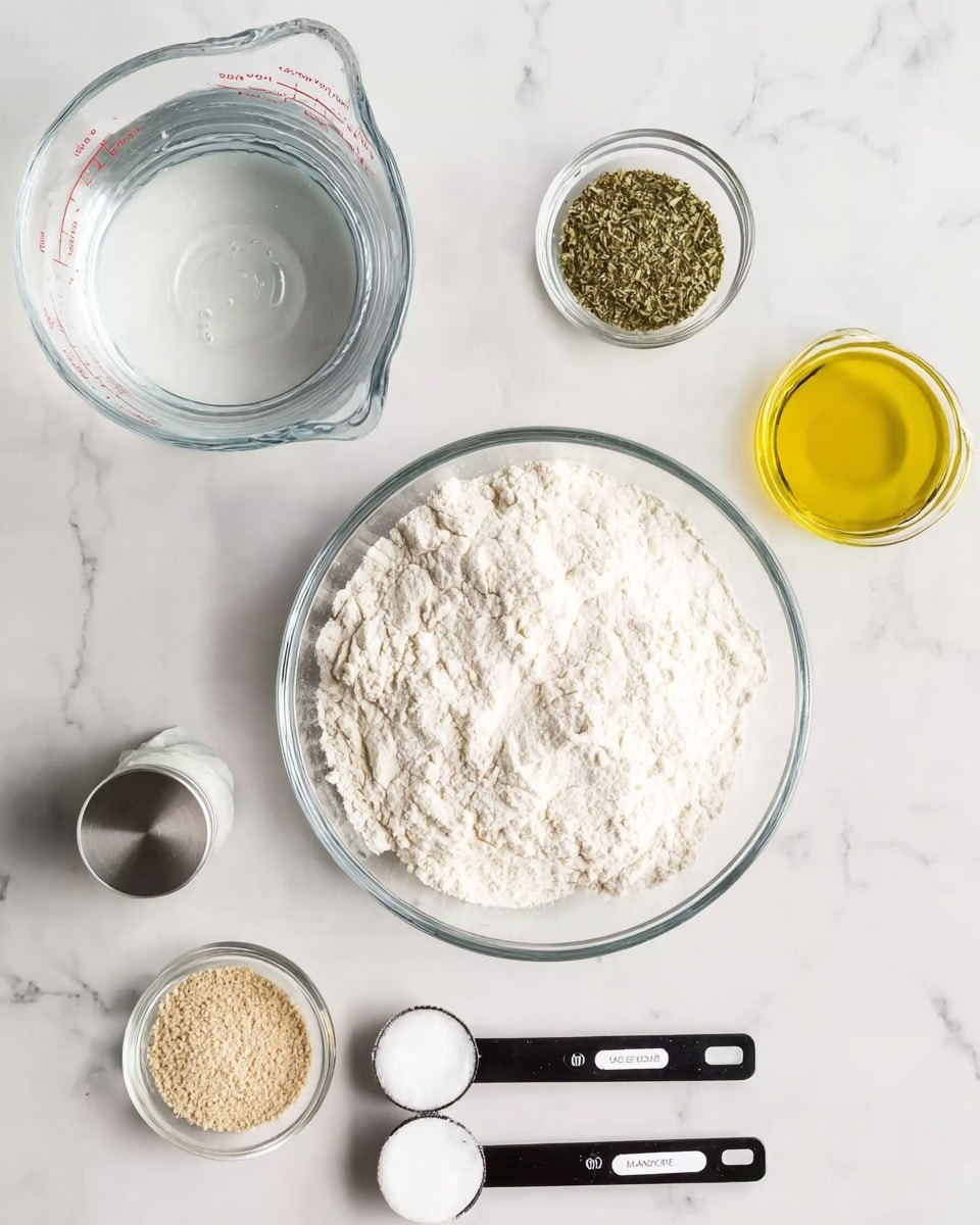 A clear glass bowl filled with a large amount of white flour sits centered on a white marbled surface. Above it, there is a clear glass measuring cup with water inside, positioned to the left. To the right of the measuring cup, a small clear glass bowl holds a greenish dried herb blend. Below this bowl, a glass container with a silver top is filled with yellow oil. Slightly below the measuring cup and the herb bowl, two black and silver measuring spoons with white powder are placed side by side. On the far left side near the bottom, a small clear glass bowl holds a light brown granular ingredient. The setup is neat and clean, showing the ingredients before mixing. Photo taken with an iphone --ar 4:5 --v 7