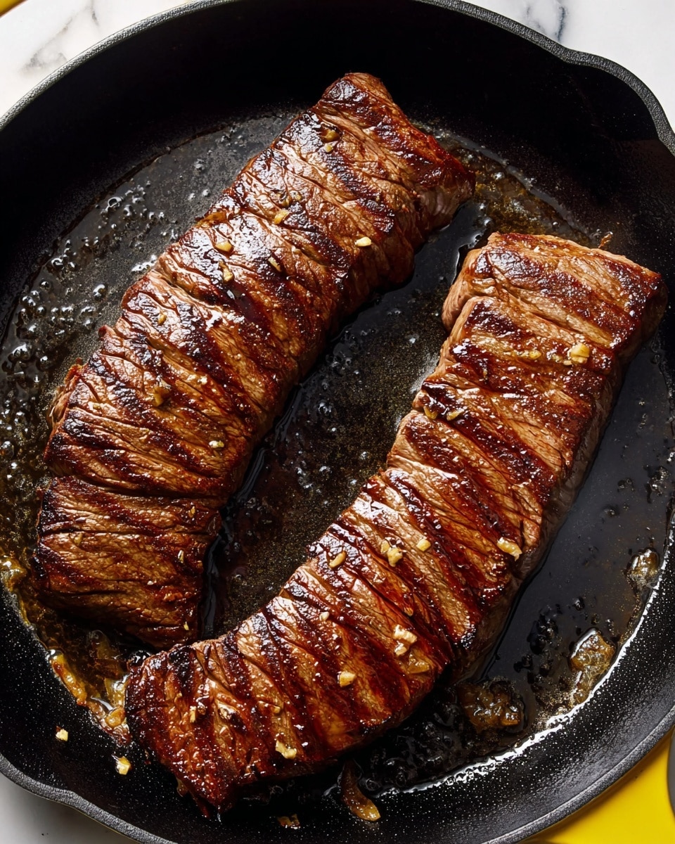 Two pieces of cooked steak lie side by side in a black cast iron pan with a thin layer of oily juices around them. The steaks have a rich brown color with darker grill marks running diagonally across their surfaces, showing a seared texture. Small bits of garlic and seasoning are visible on the steaks, adding texture and detail. The pan has a bright yellow handle visible at the edge. The background is a white marbled texture. Photo taken with an iphone --ar 4:5 --v 7