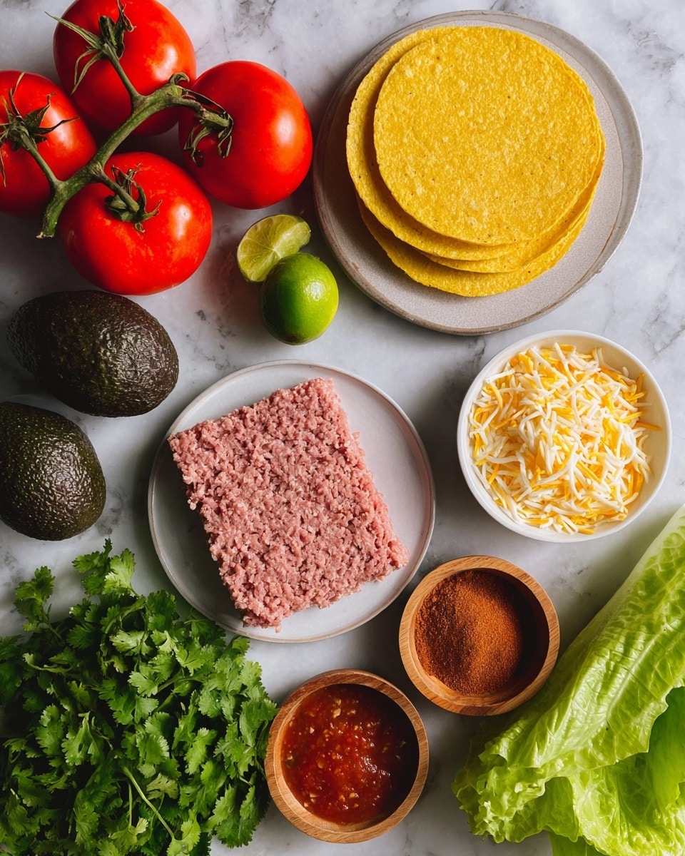 The image shows fresh ingredients arranged on a white marbled surface. At the center right, there is a stack of three yellow corn tortillas placed on a white plate. Nearby, a white bowl holds finely shredded yellow and white cheese. Below the tortillas, another white bowl contains raw ground meat with a pinkish color and a textured surface. To the right, small wooden bowls hold reddish spice powder and red salsa with visible herbs. At the top left corner, a bunch of bright red tomatoes on the vine adds vibrant color, accompanied by two whole dark green avocados. A whole lime and a large bunch of fresh green cilantro are placed near the top right. At the bottom left, green lettuce leaves peek in, adding freshness to the scene. photo taken with an iphone --ar 4:5 --v 7