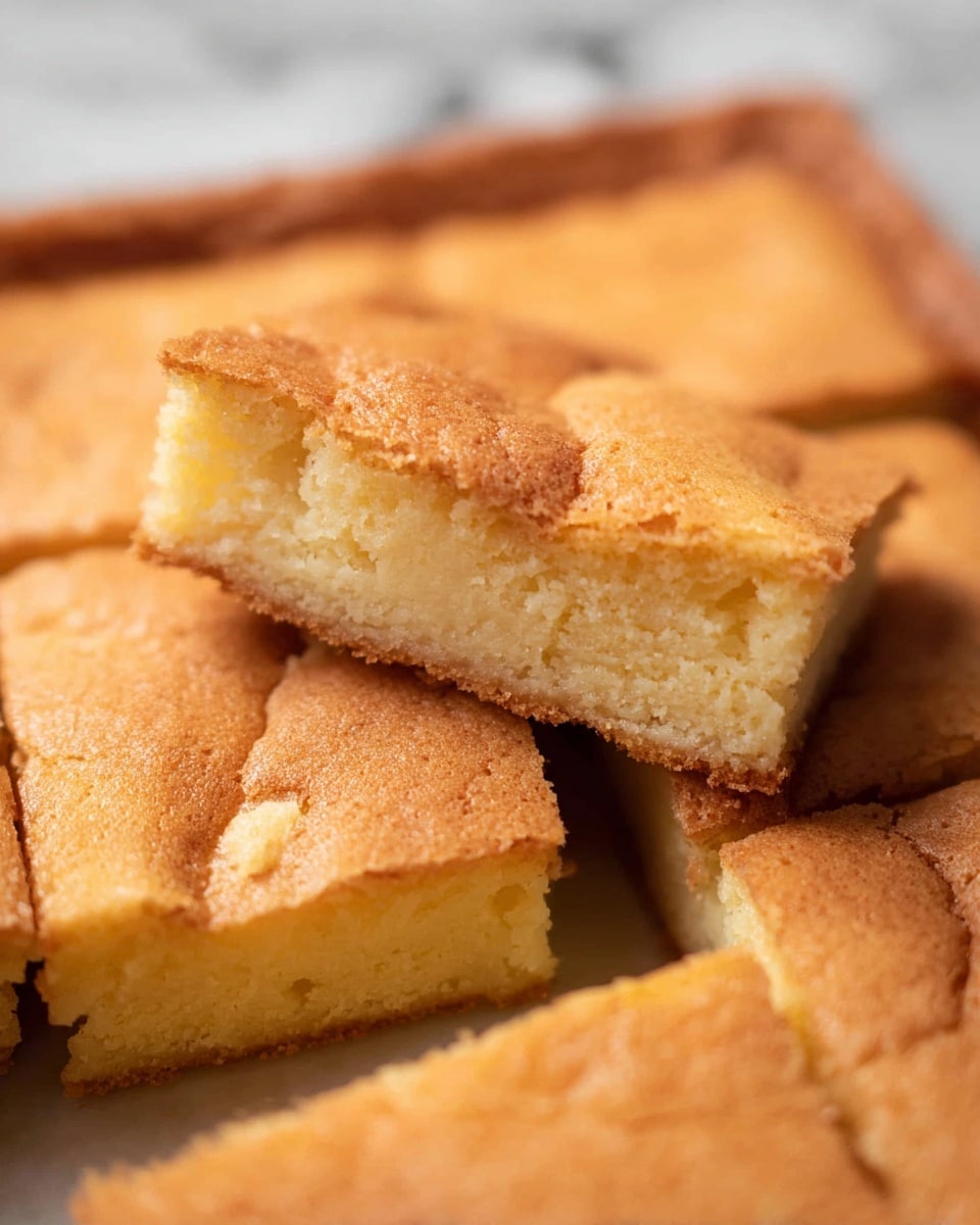The image shows a close-up of a golden brown dessert bar with a slightly crisp top layer and a soft, moist middle. The dessert is cut into square pieces, with one piece placed on top of the others, showing a clear two-layer structure: a lighter, tender cake-like bottom and a dense, creamy top layer that is richer in color. The texture looks smooth on the upper layer with gentle cracks, while the base is more crumbly. The bars are placed on a white marbled surface. photo taken with an iphone --ar 4:5 --v 7