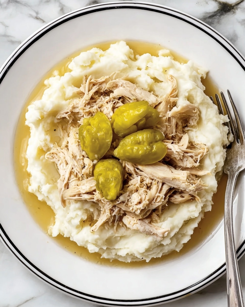 The image shows a white plate with a thin black rim filled with a layer of smooth, creamy white mashed potatoes spread evenly across the plate. On top, there is a generous pile of shredded light brown chicken arranged in a loose mound. Three whole yellow-green pickled peppers are placed on top of the chicken, adding color contrast. The dish sits on a white marbled surface, and the edge of a fork is visible near the bottom right, partially resting on the mashed potatoes and chicken. photo taken with an iphone --ar 4:5 --v 7