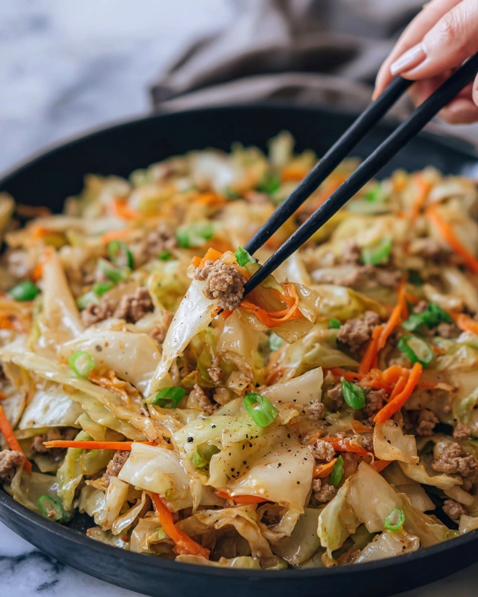 This image shows a close-up of a cooked dish in a black pan filled with a mix of light beige cooked cabbage pieces, small brown ground meat chunks, thin orange carrot strips, and bright green chopped scallions. The dish looks steamed or sautéed with a soft, slightly shiny texture, and some black pepper sprinkled on top. A woman's hand is holding black chopsticks lifting a small portion of the dish, showing the layers of cabbage, meat, carrot, and scallion clearly. The background has a soft focus, showing more of the pan and a white marbled surface. photo taken with an iphone --ar 4:5 --v 7