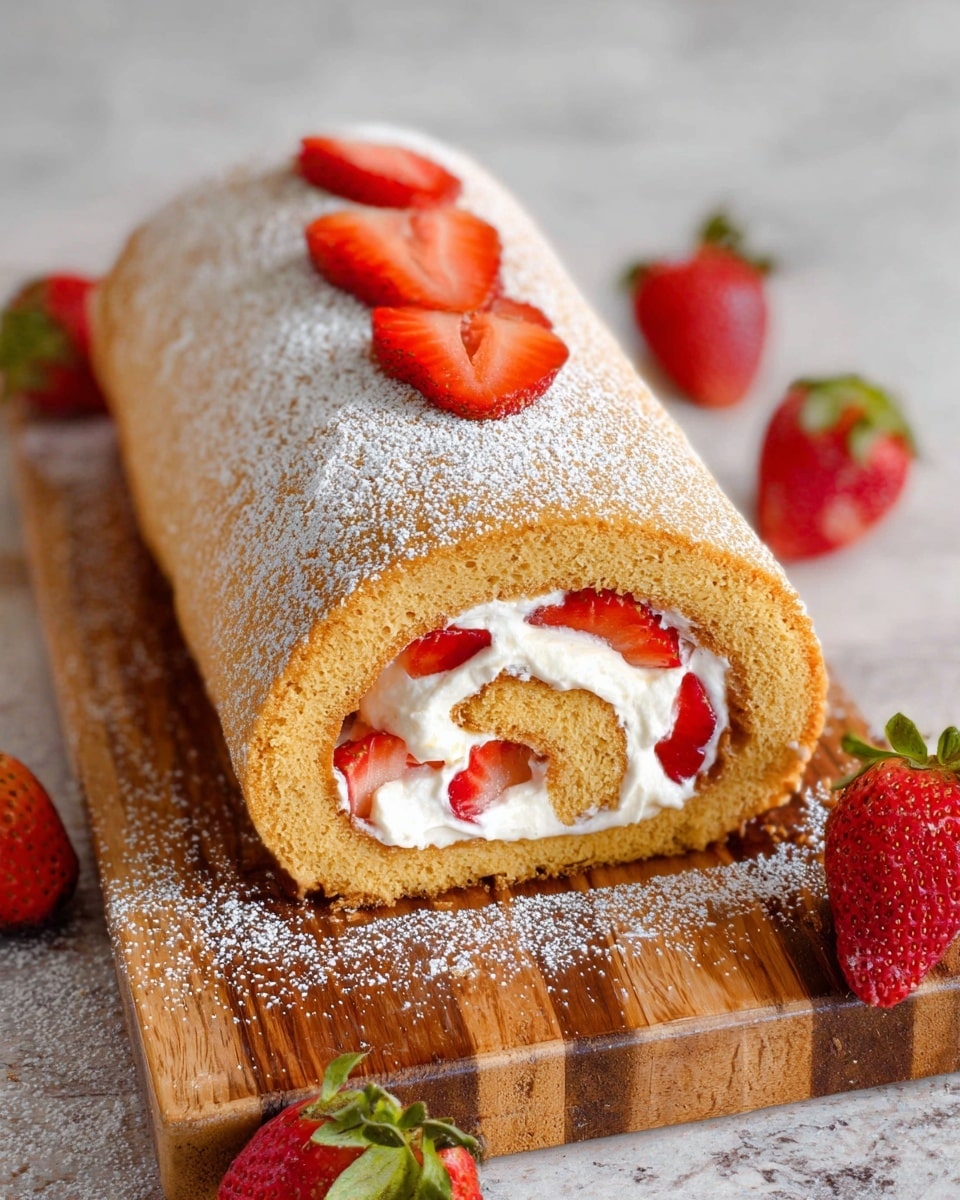 A light brown rolled sponge cake dusted with powdered sugar covers the outside. Inside, there is a swirl of white whipped cream mixed with sliced red strawberries. On top of the roll, three thin sliced strawberries are placed in a line. The roll is placed on a wooden board with extra powdered sugar and whole strawberries around it, all set against a white marbled background. Photo taken with an iphone --ar 4:5 --v 7