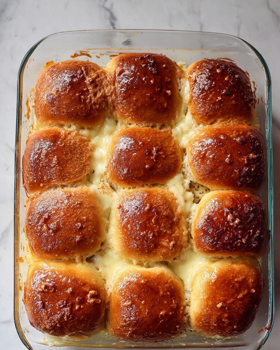 This image shows a glass baking dish filled with nine soft, shiny brown buns arranged in three rows and three columns. The buns have a golden-brown crust that looks slightly crispy and glossy, with small sprinkled bits on top. A creamy melted layer of cheese and savory filling can be seen slightly oozing out between the buns, especially along the edges. The whole dish rests on a white marbled surface. Photo taken with an iphone --ar 4:5 --v 7