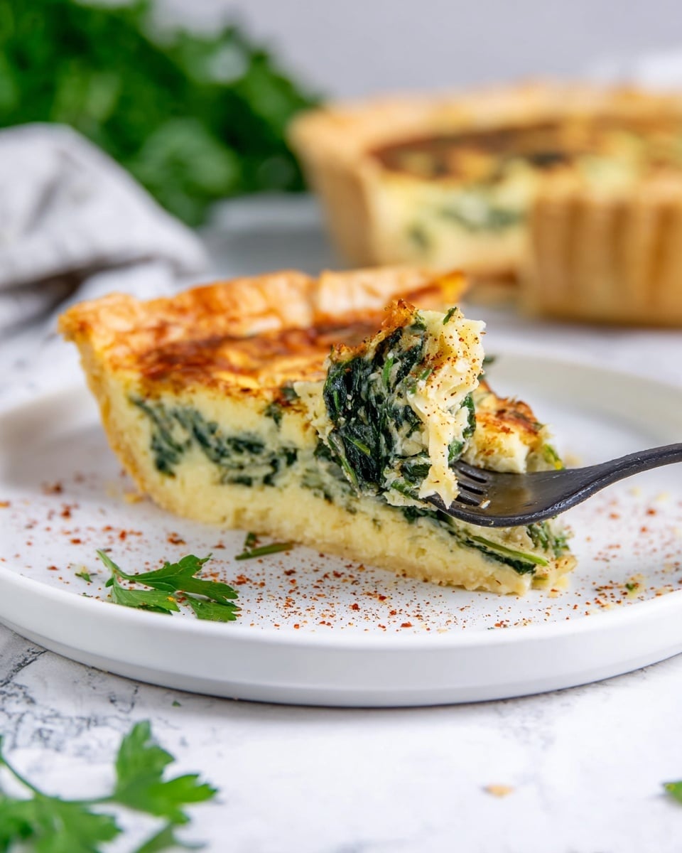 A slice of quiche shown in close-up on a white plate with a white marbled surface. The quiche has two main layers: a golden brown crust on top that looks flaky, and a creamy filling below with visible green spinach leaves mixed into a light yellow egg mixture. A silver fork lifts a small piece of the creamy filling with spinach. Some red and brown powdered spices are sprinkled lightly on the plate around the quiche, with green parsley leaves for decoration. The background is soft and blurred with hints of green herbs. Photo taken with an iphone --ar 4:5 --v 7