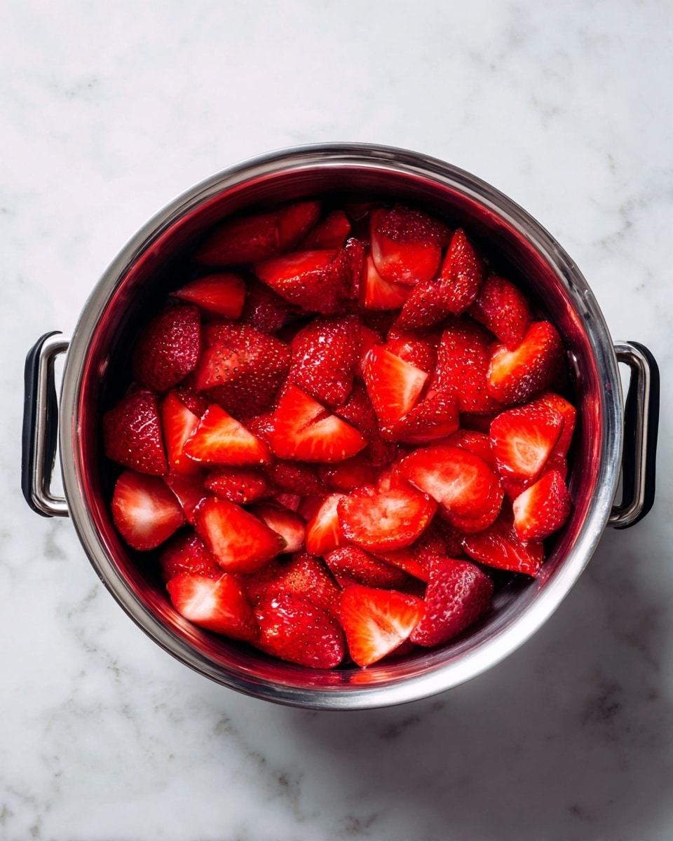 A silver pot full of bright red strawberry slices with visible seeds and a juicy texture, sitting on a white marbled surface. The strawberries fill the pot evenly, showing a mix of small and medium pieces with some light pinkish inner parts visible. The pot has black handles on each side, adding contrast to the vibrant red fruit. photo taken with an iphone --ar 4:5 --v 7
