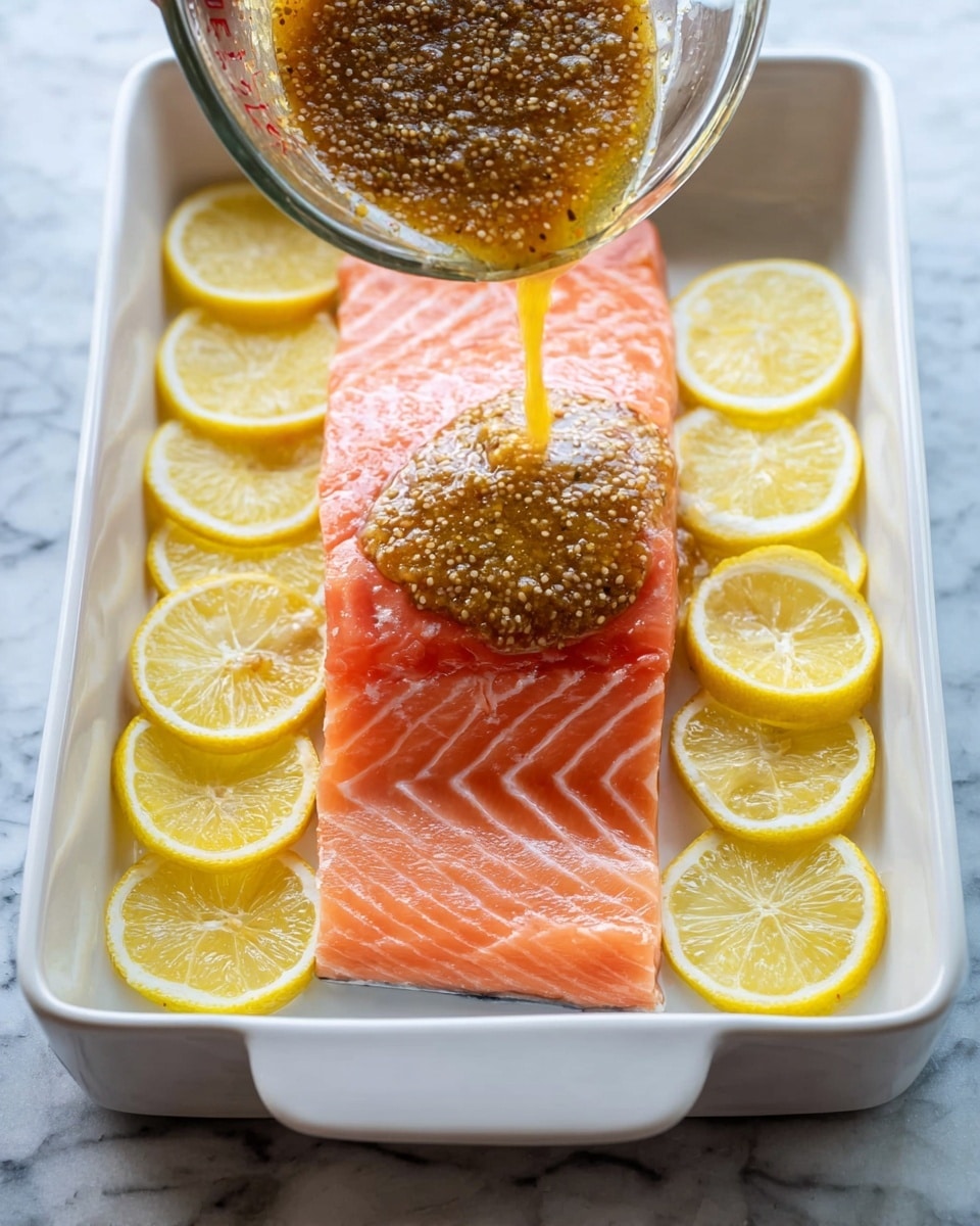 A piece of fresh pink salmon with visible white lines lies flat in the middle of a white rectangular dish; beneath it, thin round slices of bright yellow lemon are arranged evenly around the salmon’s edges, creating a neat border. A glass measuring cup held by a woman's hand pours a chunky, dark mustard-colored sauce with visible mustard seeds and a glossy texture onto the center of the salmon. The dish is placed on a white marbled surface. photo taken with an iphone --ar 4:5 --v 7
