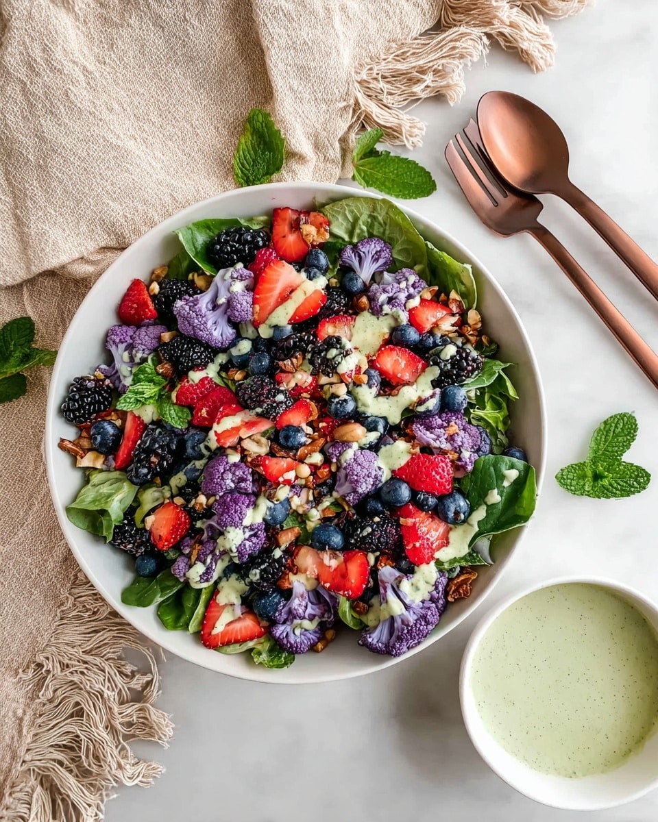 A white bowl filled with a colorful salad sits on a white marbled surface. The salad has a base layer of green leaves like spinach and kale. On top of the greens, there are red strawberry pieces, dark purple blackberries, and blue blueberries scattered evenly. Thin slices of nuts add a light brown texture throughout. Purple cauliflower florets are sprinkled over the salad, and a creamy greenish dressing is drizzled across in thin lines. Fresh mint leaves surround the bowl. To the right of the bowl, there is a small white bowl containing more of the green dressing, and beside it, copper-colored forks rest on the surface. A beige cloth with fringe lies behind the salad, adding softness to the scene. photo taken with an iphone --ar 4:5 --v 7