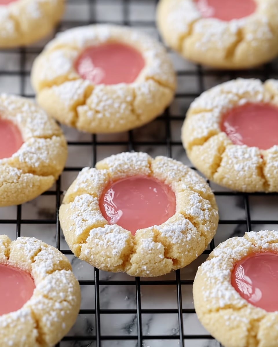 The image shows several round thumbprint cookies with three visible layers: the base cookie layer is light golden with a cracked texture, dusted with white powdered sugar around the edges, the middle layer is a smooth, shiny pink filling that sits in a small well in the center of each cookie, and the cookies are arranged close together on a black metal cooling rack. The background underneath the rack is a white marbled texture. Photo taken with an iphone --ar 4:5 --v 7