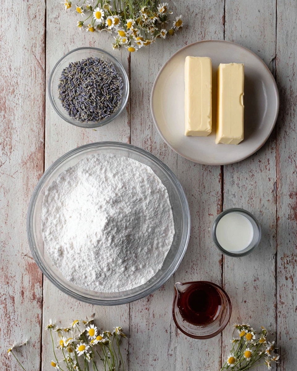 A flat lay image of baking ingredients on a rustic wooden table with white marbled texture. In the center, there is a large clear glass bowl filled with white powdered sugar. To the right and slightly above, a white plate holds two pale yellow rectangular sticks of butter with a small sprig of lavender next to them. Near the butter plate, a small clear glass container has a small amount of white liquid, likely milk. Above the powdered sugar bowl, a tiny glass bowl contains dried lavender flowers, and next to it is a small glass measuring cup with dark brown liquid inside. The corners of the image are decorated with small white and yellow chamomile flowers. photo taken with an iphone --ar 4:5 --v 7