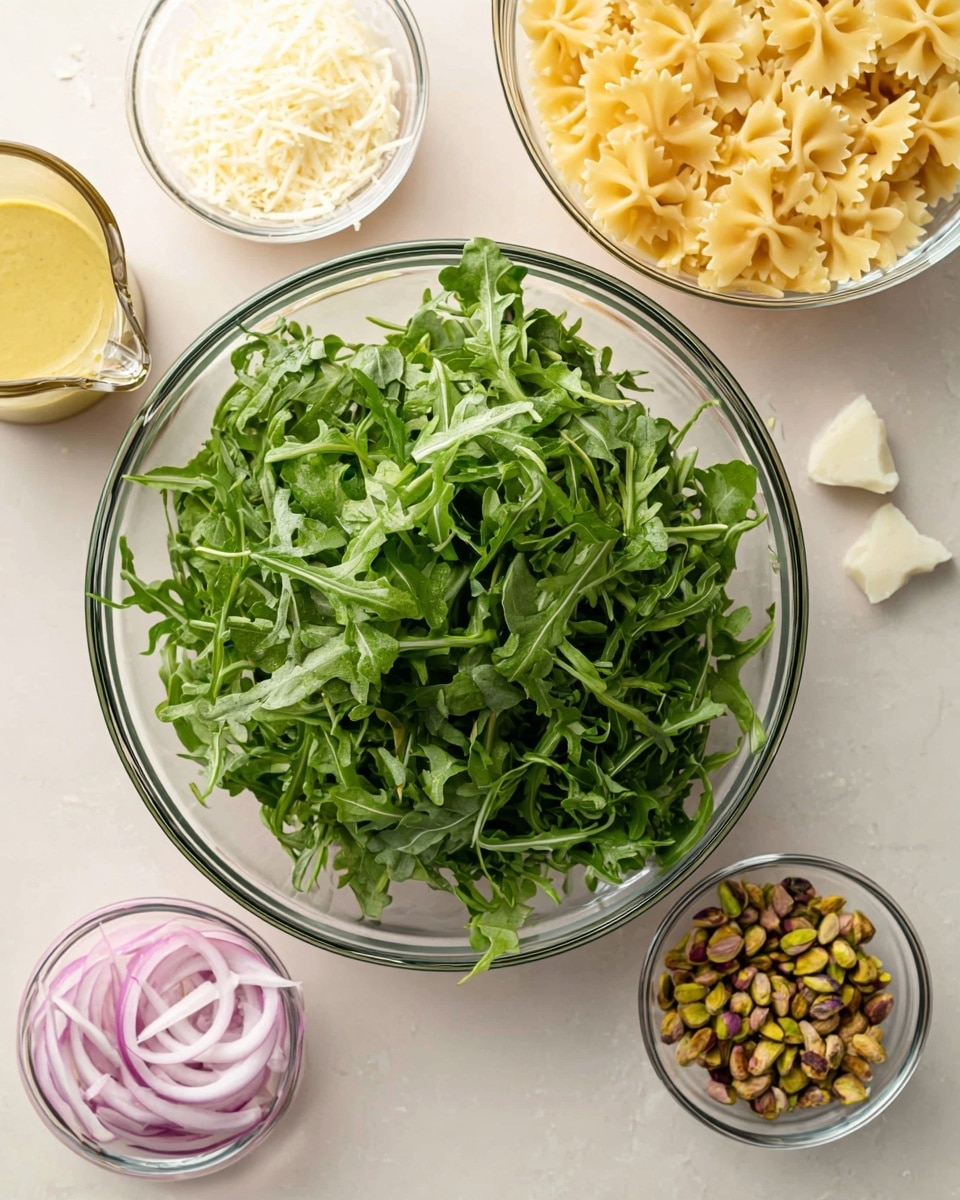 The image shows a large clear glass bowl in the center filled with fresh, green arugula leaves, which have a leafy and slightly jagged texture. Surrounding the bowl on a white marbled surface are four smaller clear glass bowls: one at the top right filled with pale yellow cooked farfalle pasta, one at the bottom right holding small pieces of chopped brown and green pistachios, one at the bottom left containing thin sliced light purple onion strips, and one at the top left with a small amount of creamy yellow mustard dressing in a clear glass pitcher. There is also a small bowl with thin shavings of white cheese near the top center. The arrangement is neat with the fresh ingredients ready to be mixed photo taken with an iphone --ar 4:5 --v 7