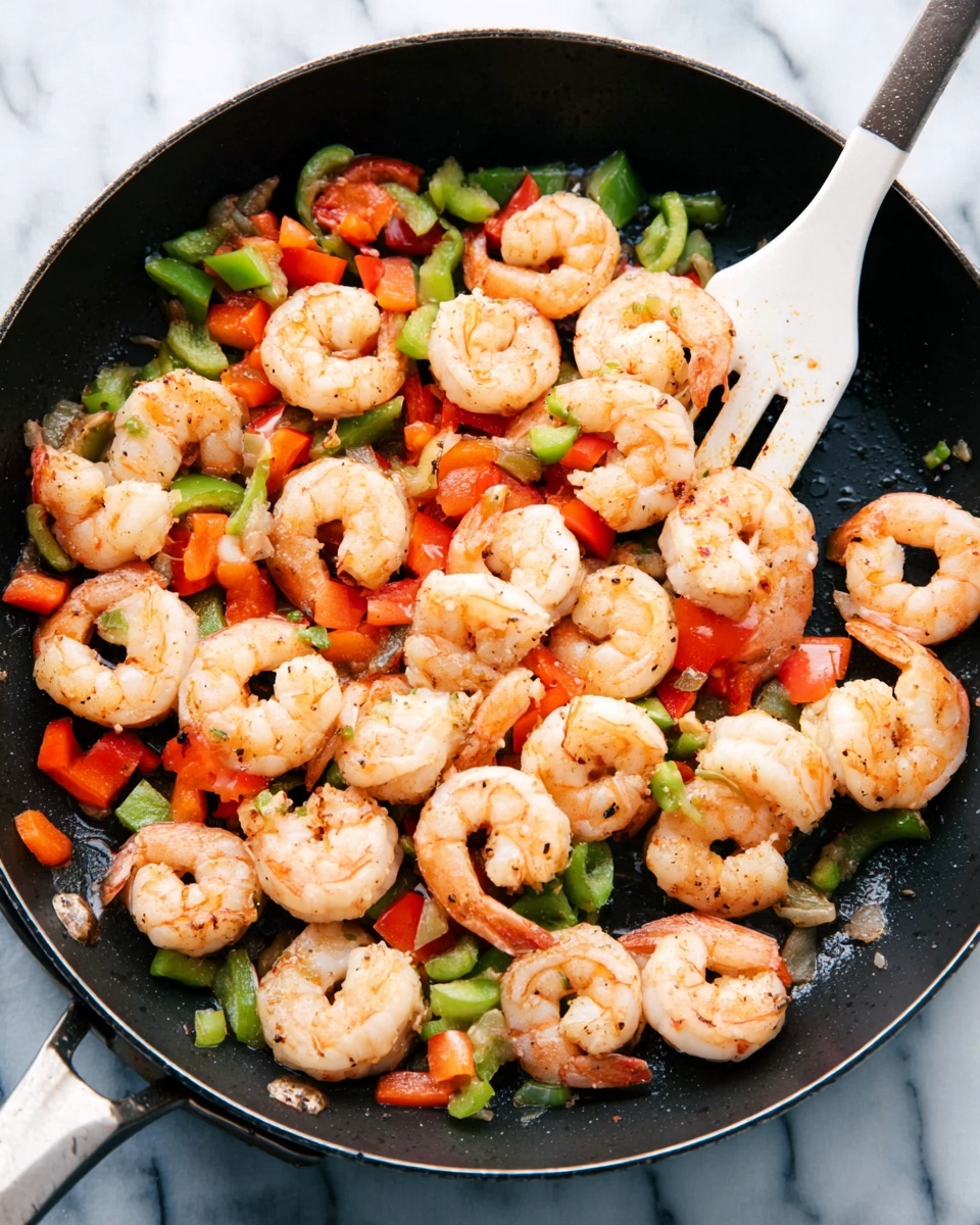 A black pan filled with cooked shrimp and colorful vegetables inside, with a white spatula partially lifting some shrimp on the right side of the pan; the shrimp are pinkish-orange with light seasoning and small black pepper dots, arranged across the pan, mixed with diced red and green bell peppers that add bright red and green color spots; the pan sits on a white marbled surface. photo taken with an iphone --ar 4:5 --v 7
