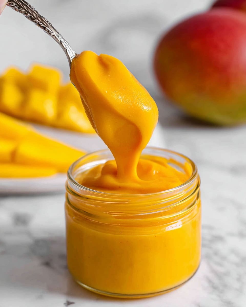A clear glass jar filled with thick, smooth mango puree swirled on top in a spiral pattern, showing a bright, rich yellow-orange color. The jar is placed on a white marbled surface. In the background, there are two yellow mango halves, each with a grid pattern carved into the flesh, slightly blurred. The overall image is bright and clean, focusing on the vibrant puree inside the jar. photo taken with an iphone --ar 4:5 --v 7