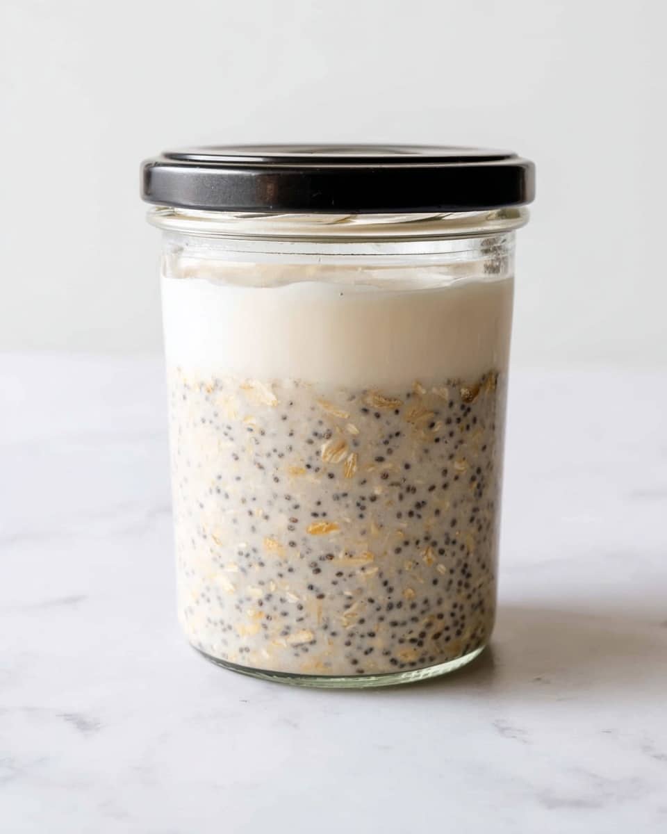 A clear glass jar filled halfway with a creamy mixture that shows two distinct layers: the bottom layer is a thick blend of light beige oats mixed with small black chia seeds, creating a textured look, while the top layer is a smooth, pale white liquid covering the oats partially. The jar has a shiny black lid and sits on a white marbled surface with a plain white background. photo taken with an iphone --ar 4:5 --v 7