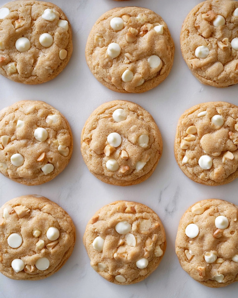 Nine round cookies are shown on a white marbled surface, each with a light tan color and a soft, slightly bumpy texture. Each cookie has white chips and small nut pieces scattered on top, spread unevenly across the surface. The cookies are arranged in three rows with three cookies in each row, leaving enough space between them for baking. The light shines softly on them, highlighting the textures and the creamy color of the chips. photo taken with an iphone --ar 4:5 --v 7