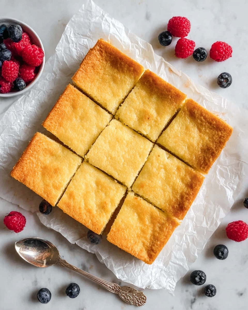 A golden brown baked square cake is cut into nine equal pieces, each piece showing a light, smooth texture with a slightly crispy top layer. The cake is placed on crumpled white parchment paper, sitting on a white marbled surface. Around the cake are scattered fresh red raspberries and dark blue blueberries, adding small pops of color to the scene. A silver spoon with ornate floral details lies near the cake, completing the simple yet inviting setup. Photo taken with an iphone --ar 4:5 --v 7