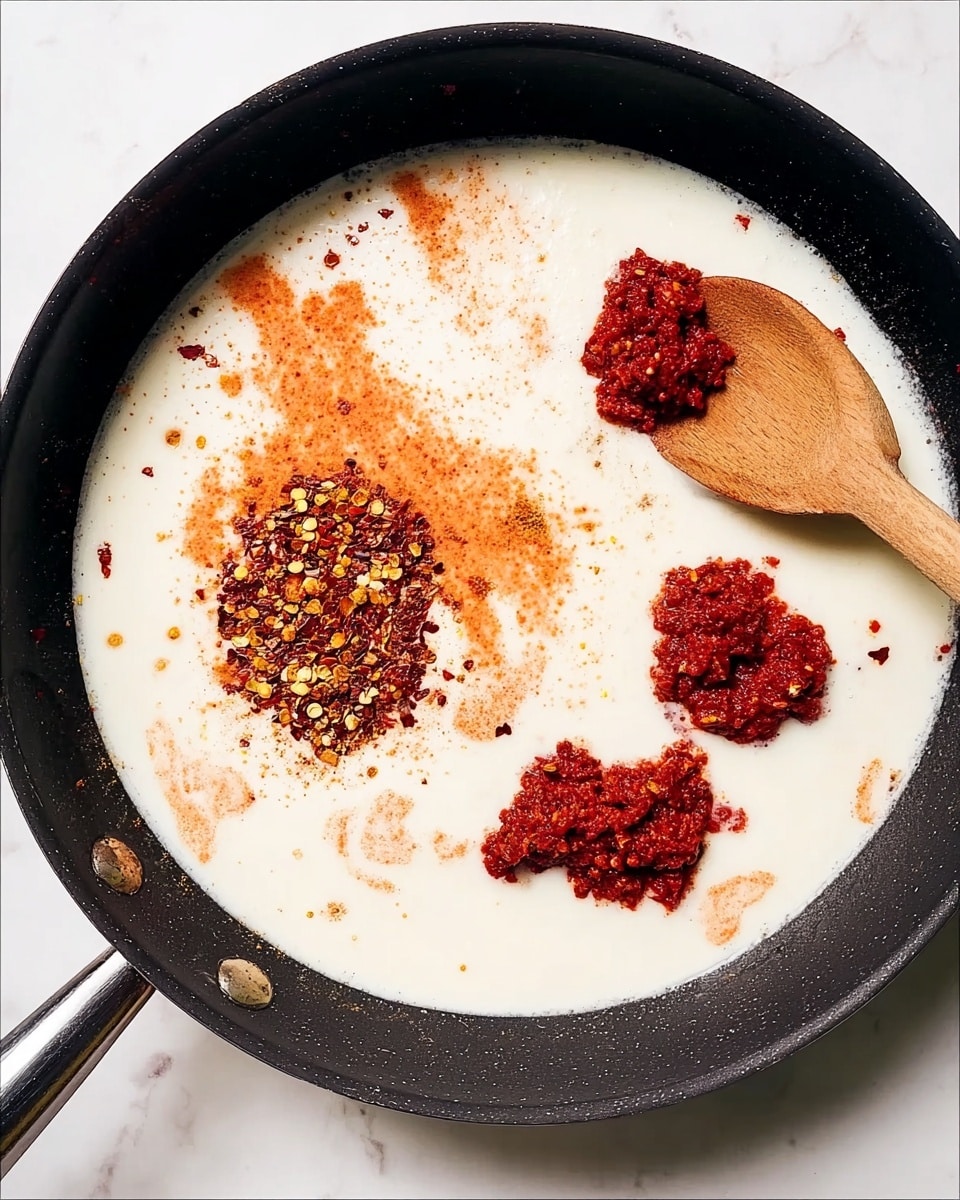 A black pan with a creamy white liquid covering the base, scattered with a few small amounts of orange-red spices creating a light dusting on top. There are three uneven clusters of chunky, bright red mixture placed separately in the pan, one at the top right, one at the bottom right with a wooden spoon touching it, and one at the middle left. In the center, there is a small pile of crushed red pepper flakes that are darker red with some yellow pieces. The background is a white marbled surface. Photo taken with an iphone --ar 4:5 --v 7