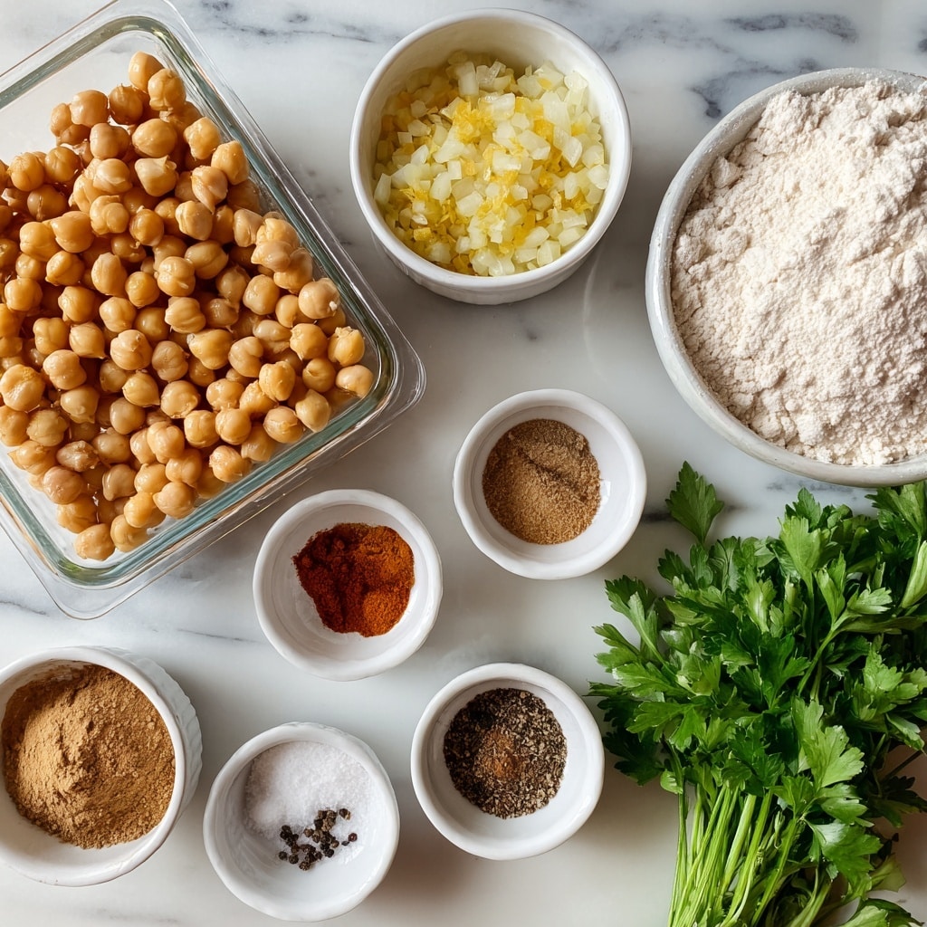 A clear glass rectangular container filled with round, light brown chickpeas sits in the top left corner. To its right, there is a small white bowl of plain flour with a powdery white texture, and next to it, a white bowl filled with small, light yellow onion pieces. Below, there are several small white bowls containing spices and herbs: finely chopped pale yellow garlic, reddish-brown cayenne pepper, brown ground coriander, dark brown ground cumin, white baking powder, black pepper seeds, and coarse white salt. On the bottom right, a bunch of fresh parsley with bright green leaves adds color. The items are placed on a white marbled surface photo taken with an iphone --ar 4:5 --v 7