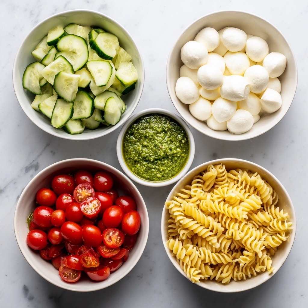 Five white bowls sit on a white marbled surface, each holding different ingredients for a dish. Starting from the top left, a bowl is filled with small, green cucumber slices with a smooth texture. At the top right, a bowl contains a bright green pesto dressing, with a slightly chunky texture. In the center, a bowl holds many small, white, round mozzarella pieces with a soft and smooth look. On the bottom left, a bowl is filled with halved cherry tomatoes, showing their shiny, red, and juicy insides. On the bottom right, a bowl contains cooked rotini pasta, yellow in color with a spiral shape and smooth surface. photo taken with an iphone --ar 4:5 --v 7