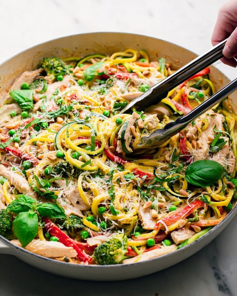 Creamy Chicken Primavera Pasta with Fresh Vegetables and Basil Recipe