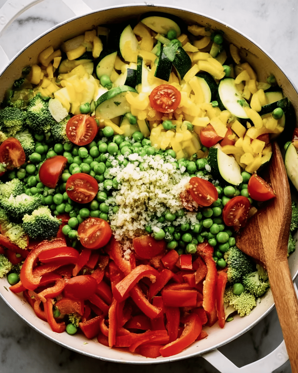 The image shows a white pan filled with many colorful vegetables layered together. The bottom layers consist of green broccoli pieces, yellow squash slices, green zucchini slices, and thin red bell pepper strips spread evenly. On top of these layers, there are bright green peas and red cherry tomatoes, some whole and others cut in half. In the center, there is a small mound of finely chopped white garlic. A wooden spoon is resting in the pan on the right side, partly covered by the vegetables. The surface under the pan has a white marbled texture. Photo taken with an iphone --ar 4:5 --v 7