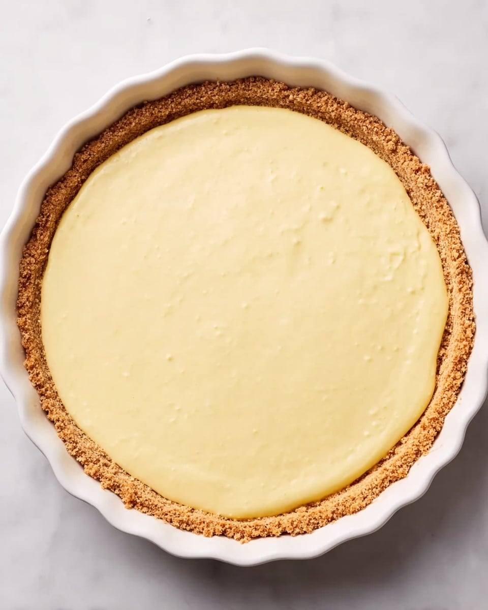 A round tart with two visible layers in a white fluted ceramic dish, placed on a white marbled surface. The bottom layer is a crumbly, golden-brown crust that evenly lines the dish and rises slightly above the edge. The top layer is a smooth, creamy pale yellow filling spread uniformly across the crust, with a soft texture and a slight shine. The tart is centered in the frame, showing a clean, simple presentation. photo taken with an iphone --ar 4:5 --v 7