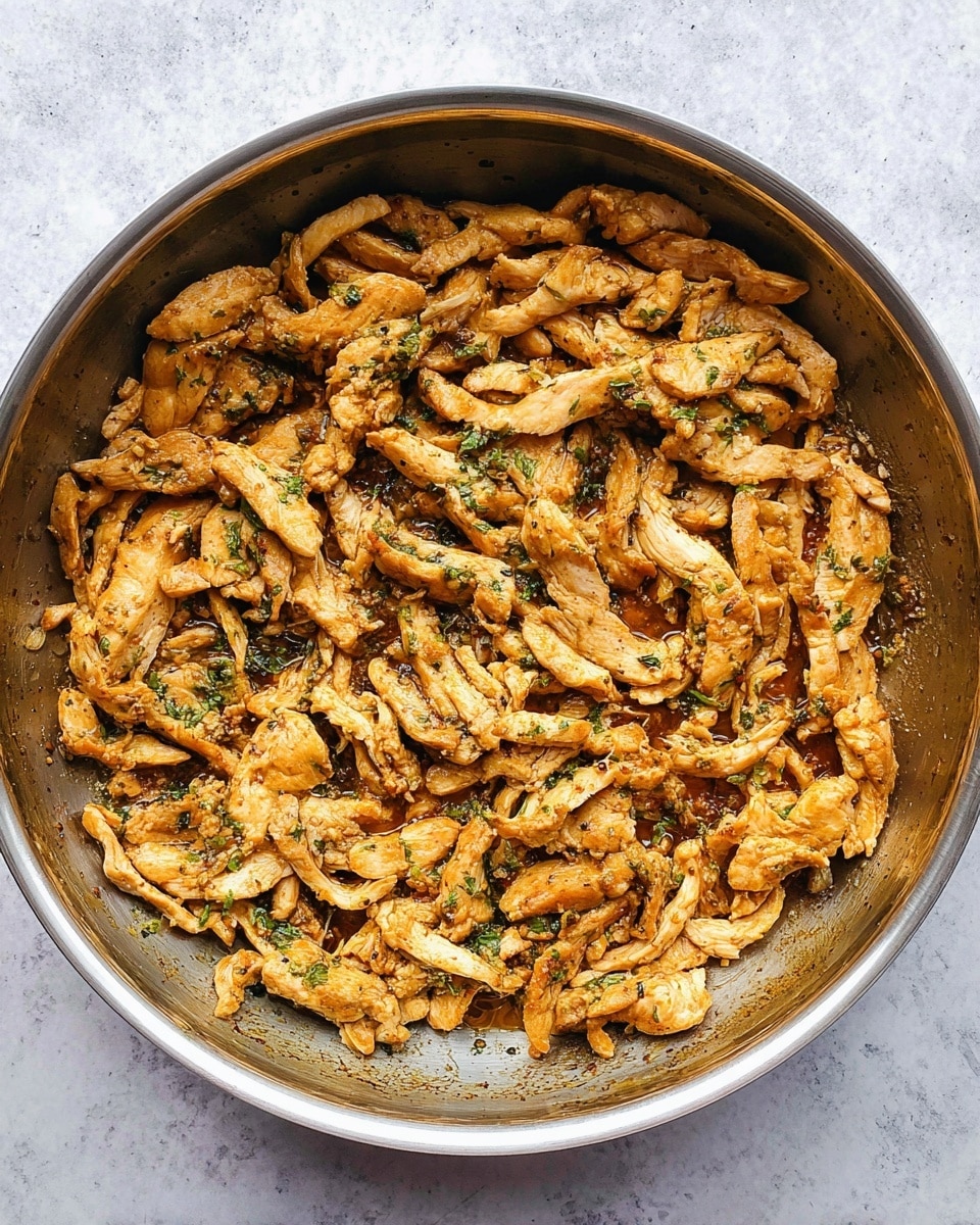 A round pan filled with many thin, light brown strips of cooked chicken meat, slightly shiny with a bit of oil and small green herb pieces sprinkled unevenly over the chicken, the pan shows some browned spots from cooking, set on a white marbled surface photo taken with an iphone --ar 4:5 --v 7