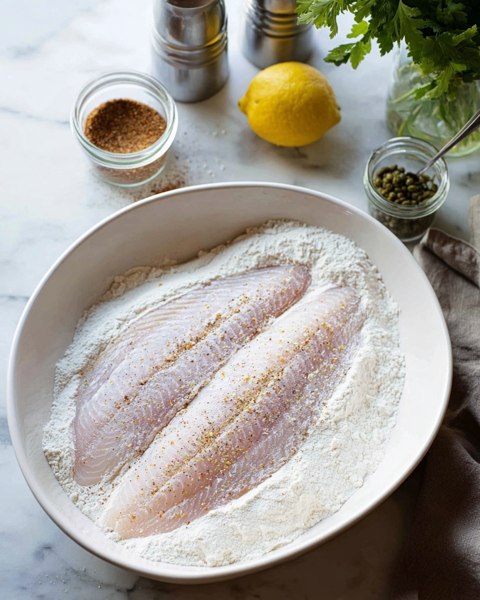 A white dish contains two long, pale pink fish fillets placed beside each other, partially buried in a layer of white flour dusted evenly across the bottom. The fillets show faint lines of texture and are sprinkled with small bits of seasoning. Around the dish, on a white marbled surface, there is a jar of brown spice, a half lemon with bright yellow flesh, a small jar of capers, a few green leafy herbs in a glass, and a silver pepper grinder, all softly out of focus photo taken with an iphone --ar 4:5 --v 7