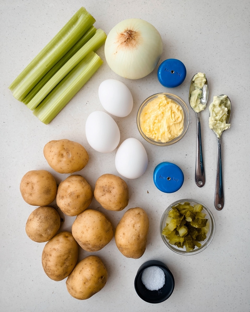 The image shows a white marbled surface with ingredients arranged neatly: a group of light brown potatoes at the bottom, three white eggs near the center, a whole round yellow onion to the left of the eggs, and two green celery sticks at the top left. To the right, there are three measuring spoons containing different ingredients — one with white creamy mayo, one with yellow mustard, and one with chopped green pickles. Two small blue salt and pepper shakers sit near the measuring spoons, and a small black container of white salt is at the bottom right. photo taken with an iphone --ar 4:5 --v 7