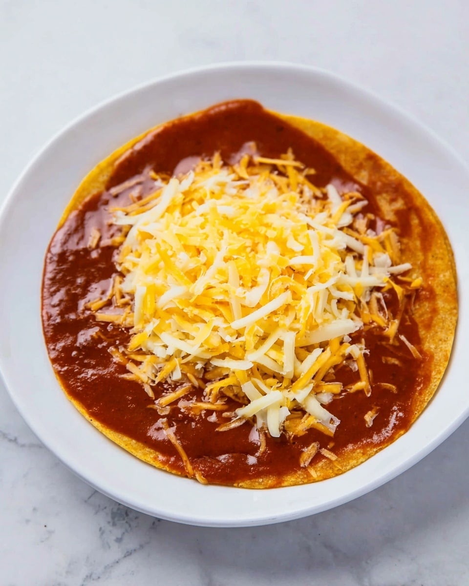 A single round tortilla covered fully with thick, reddish-brown sauce sits in the middle of a white plate with a white marbled texture background. On top of the tortilla, there is a pile of shredded yellow and white cheese, giving a soft and stringy texture. The sauce looks smooth and rich, spreading thin at the edges of the tortilla. Photo taken with an iphone --ar 4:5 --v 7