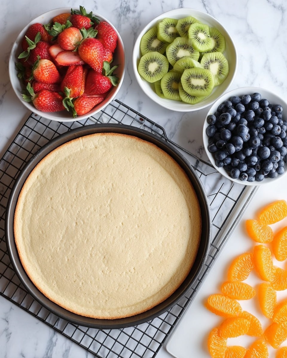 The image shows a large round crust with a light golden-brown color resting on a black pizza pan on a cooling rack. On the top left, there is a white bowl filled with neatly stacked sliced strawberries and kiwis, showing their bright red and green colors with detailed texture. On the top right, a small white bowl holds fresh, plump blueberries. On the bottom right, peeled orange segments are spread evenly on a white cutting board with visible texture. The background is a white marbled surface. photo taken with an iphone --ar 4:5 --v 7