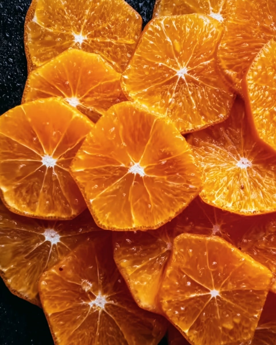The image shows many thin round slices of bright orange fruit overlapping each other in layers, with their textured juicy segments and small translucent veins visible. The orange slices are arranged closely together on a dark background, which contrasts with their shiny, wet surfaces and vibrant color. The white pith centers form small star-like patterns that add detail to the overall look photo taken with an iphone --ar 4:5 --v 7