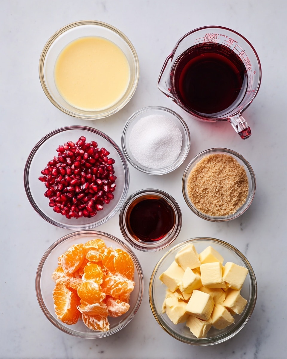 The image shows several small clear glass bowls and a clear glass measuring cup arranged on a white marbled surface. There are eight containers in total: one bowl filled with smooth light yellow liquid, one bowl with white granulated sugar, one bowl with light brown soft sugar, one bowl with bright red pomegranate seeds, one bowl with orange peels, one small bowl with dark liquid, one small bowl with white powder, and one bowl filled with yellow cubed butter. The clear glass measuring cup holds a dark red liquid. The arrangement is neat and evenly spaced, all ingredients visible with bright, natural lighting. Photo taken with an iphone --ar 4:5 --v 7
