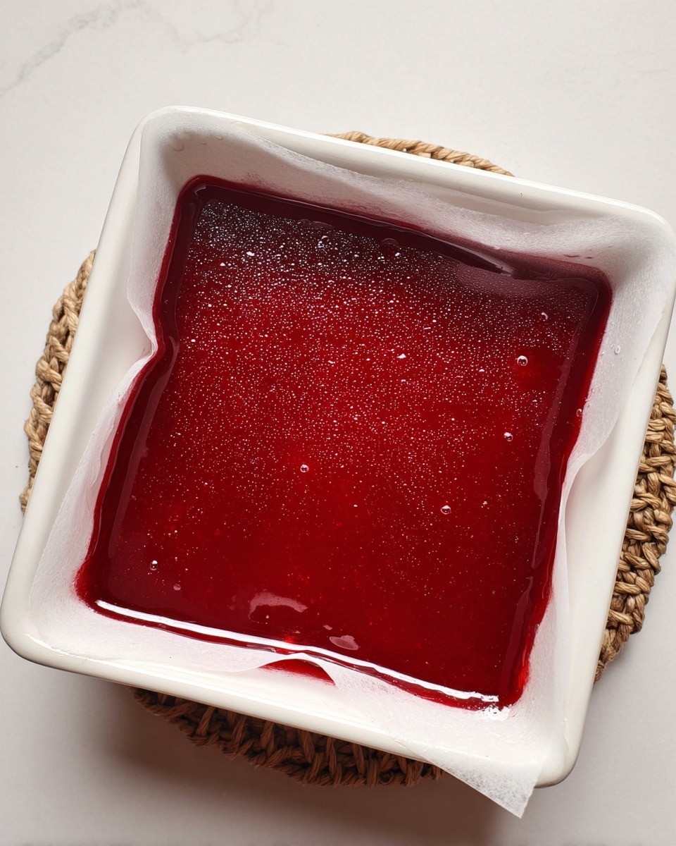 A square white dish lined with parchment paper holds one thick layer of smooth, shiny, deep red jelly. The jelly's surface has a slight shimmer with a few small bubbles scattered across it, catching light that reflects softly. The dish sits on a white marbled surface with a woven trivet peeking out from under one corner. The corners of the parchment paper are folded neatly around the edges inside the dish. photo taken with an iphone --ar 4:5 --v 7