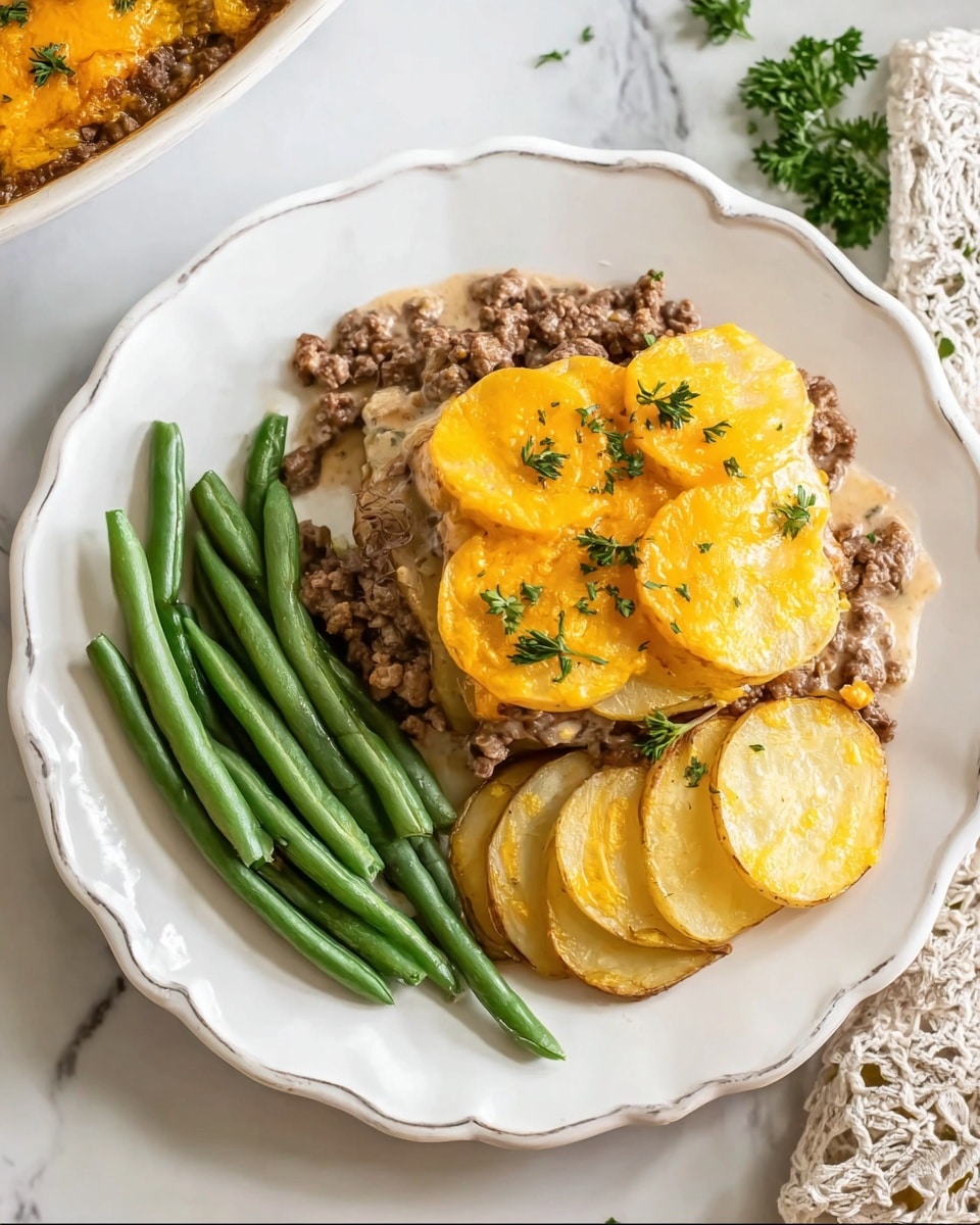 A white scalloped plate holds a layered dish with three visible layers on the right side: the bottom layer is thin, yellow potato slices, the middle layer consists of brown cooked ground meat mixed with a creamy light sauce, and the top layer has melted orange cheddar cheese with small green parsley bits sprinkled over. On the left side of the plate, bright green whole green beans are arranged in a small pile. The plate is placed on a white marbled surface with a lace cloth visible in the upper right corner. Photo taken with an iphone --ar 4:5 --v 7