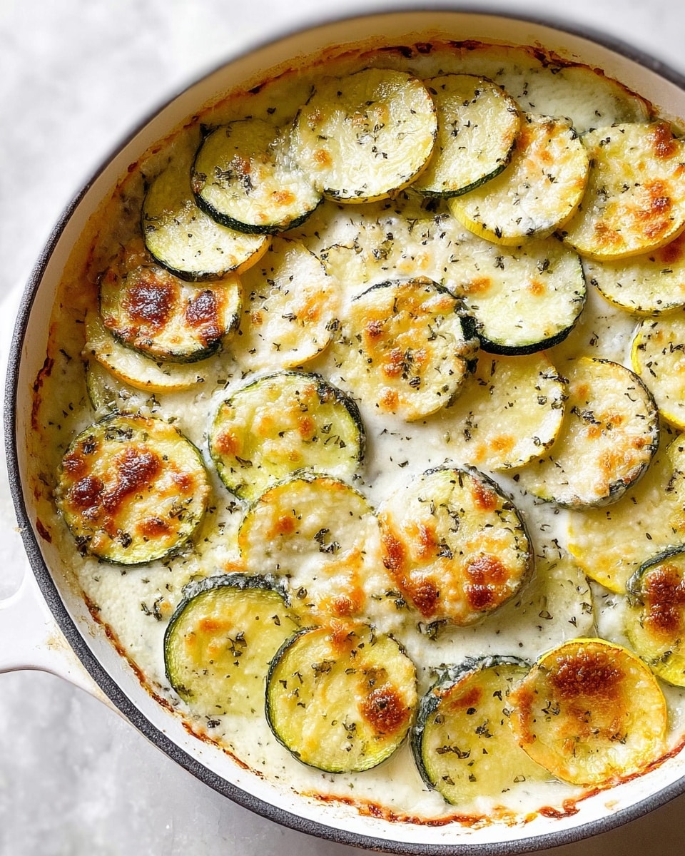 The dish shows a white round dish filled with three layers of thinly sliced zucchini and yellow squash. Each slice is covered in a creamy white sauce with small black specks of herbs. The top layer has a golden-brown melted cheese crust, giving a slightly crispy texture with uneven patches of deeper browning. The vegetables are arranged close together, almost overlapping, in a circular pattern on a white marbled background. photo taken with an iphone --ar 4:5 --v 7