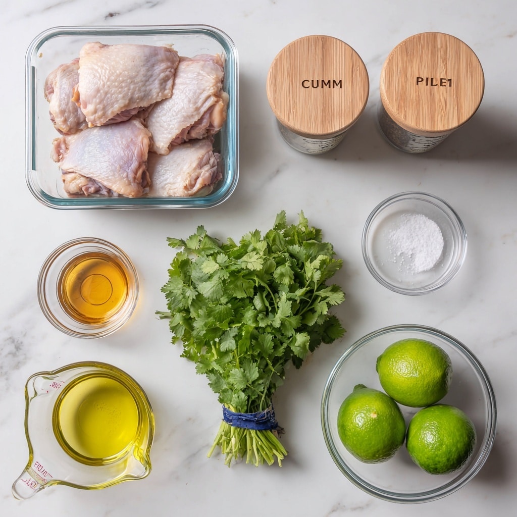 The image shows raw chicken thighs placed inside a clear rectangular container at the top left. To the right of the container are two small glass spice jars with light wooden lids, labeled